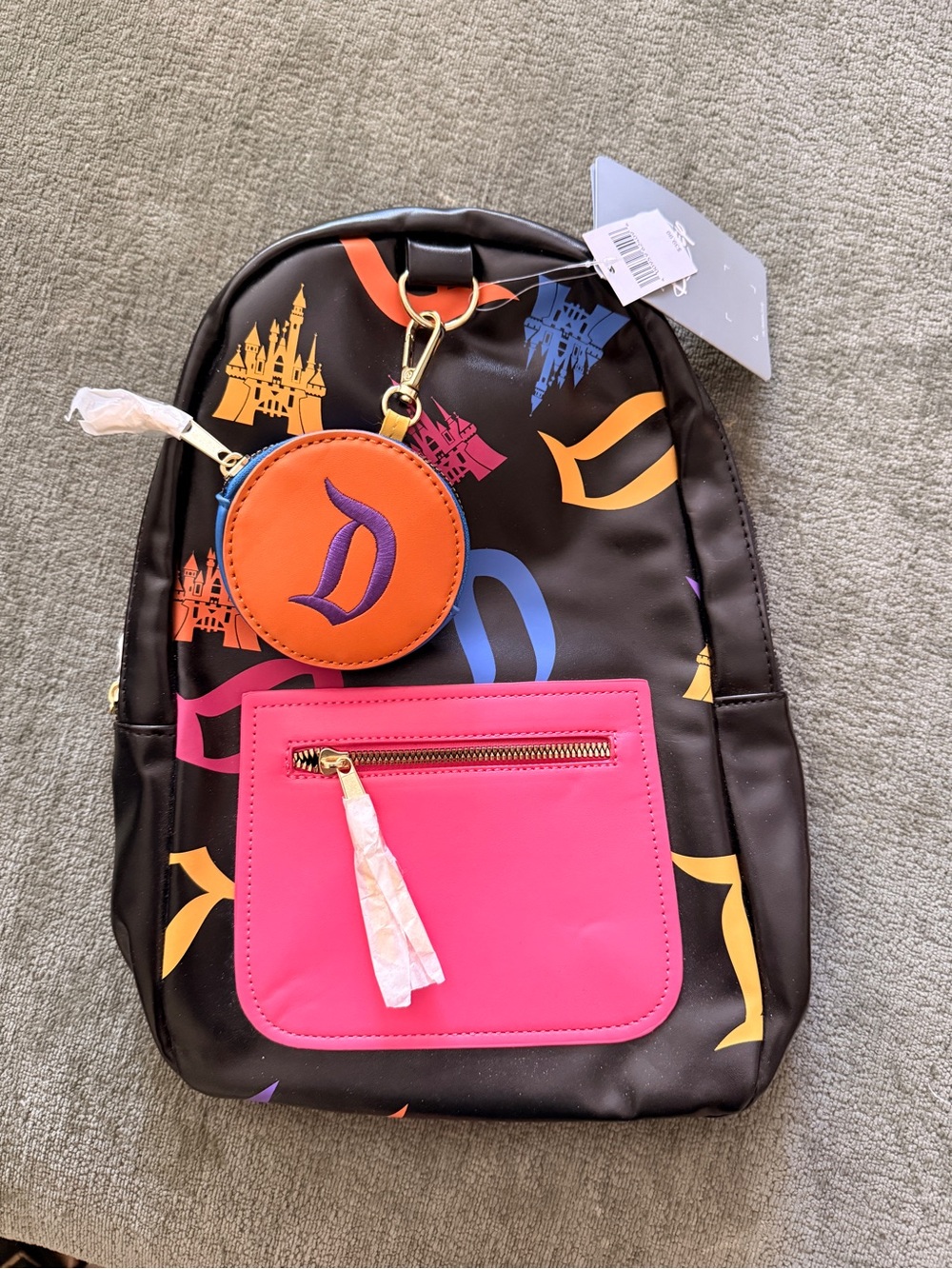 Disney Black Mini Backpack with Pink Pocket and Orange Coin Pouch